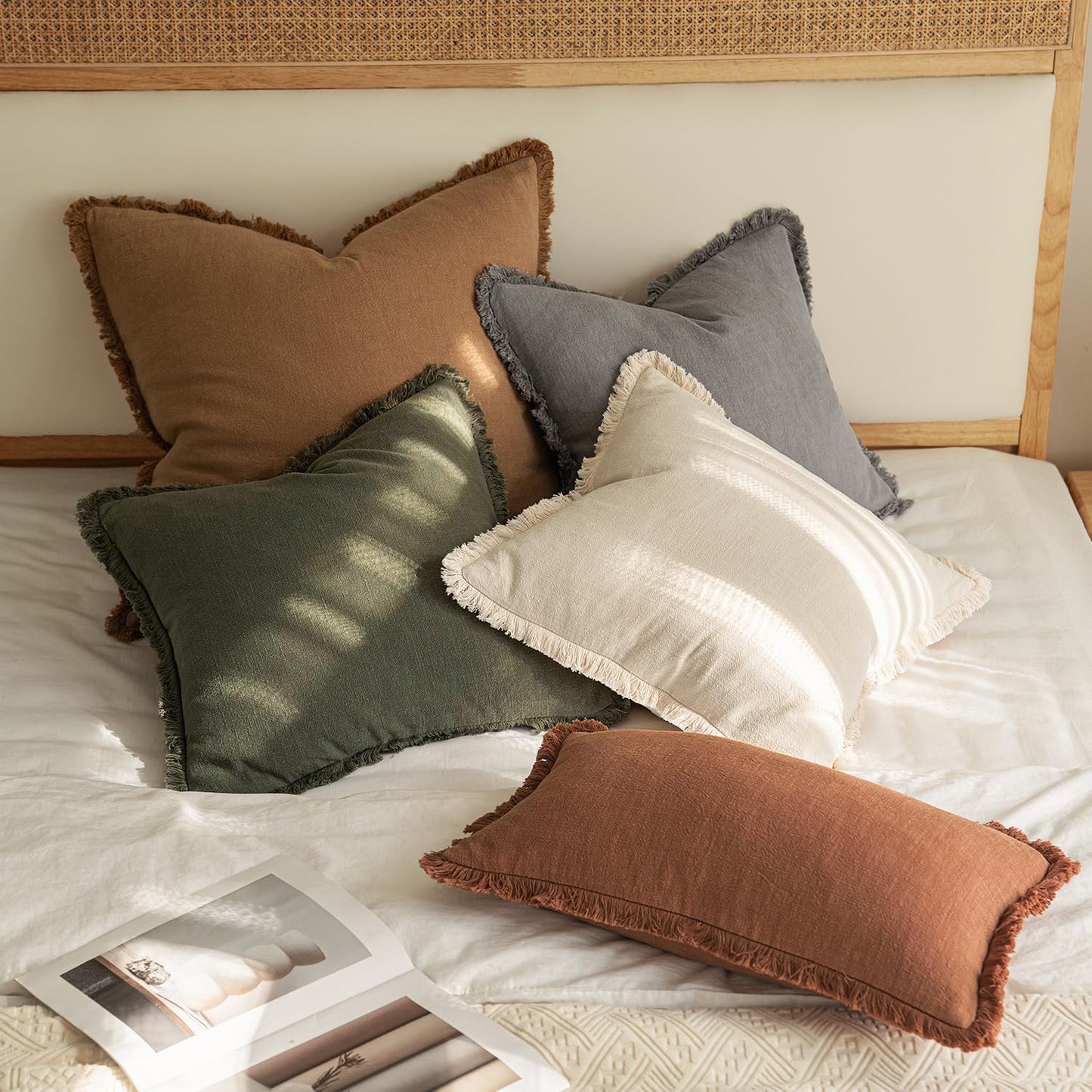 MIULEE Decorative Throw Pillow Covers Neutral Linen Fringe Throw Pillows Set of 2 Natural Beige Boho Farmhouse Cushion Covers with Tassels for Couch Sofa Bed Spring Home Decor 20x20 Inch