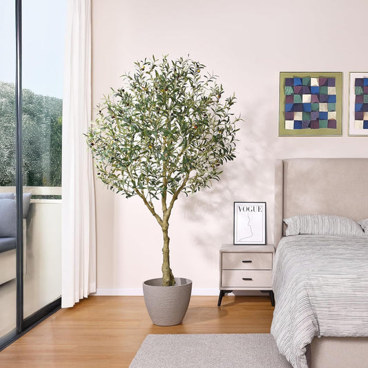 Verinatural Olive Tree Artificial Indoor, 8FT Tall Faux Olive Tree with 18in White Planter, Artificial Plants with Natural Wood Trunk and Lifelike Fruits for Home Office Decor,VN205