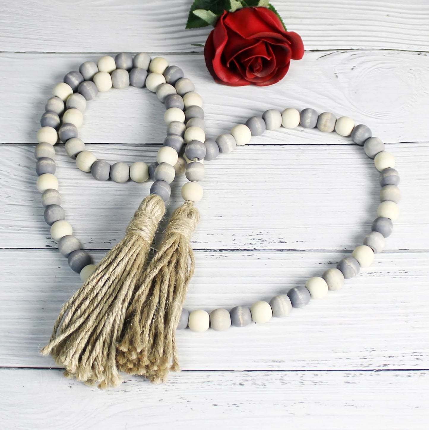 CVHOMEDECO. Wood Beads Garland with Tassels Farmhouse Rustic Wooden Prayer Bead String Wall Hanging Accent for Home Festival Decor. Mix Distressed