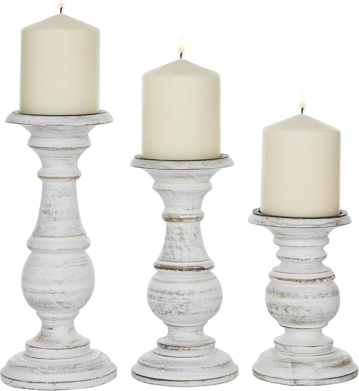 Deco 79 Mango Wood Decorative Candle Holder Distressed Turned Pillar Candle Stand, Set of 3 Candlestick Holder 6", 8", 10"H, Light Blue