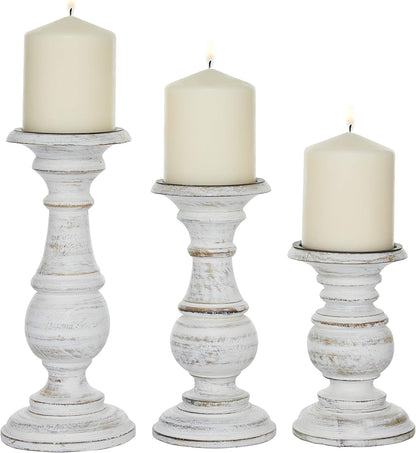 Deco 79 Mango Wood Decorative Candle Holder Distressed Turned Pillar Candle Stand, Set of 3 Candlestick Holder 6", 8", 10"H, Light Blue