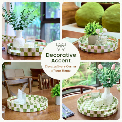 CHI AN HOME 15.8" x 11.8" Decorative Rectangular Tray with Natural Capiz Shells, Checkered Tray with Handles, Serving Tray for Ottoman, Coffee Table, Kitchen Counter Home Decor (Pistachio Green)