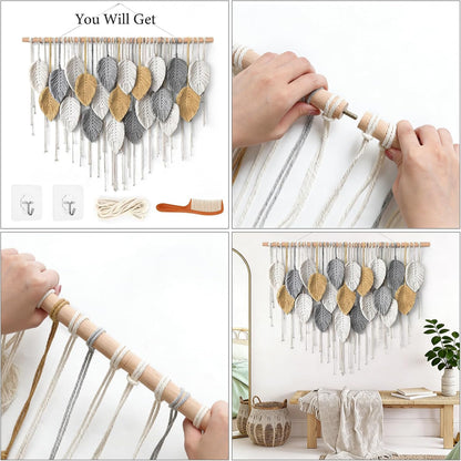 KHOYIME Large Macrame Wall Hanging Boho Woven Tapestry, Chic Home Decor Modern Bohemian Handmade Leaf Feather Wall Art Decorations for Apartment Dorm Living Room Bedroom Nursery Backdrop 39"W X 29.5"L
