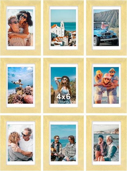 Vittanly 8x10 Picture Frames Set of 9, Shatter Resistant Plexiglass, Display 5x7 Pictures with Mat or 8x10 without Mat, Photo Frames for Wall or Tabletop, Engineered Wood, Black - Colors A