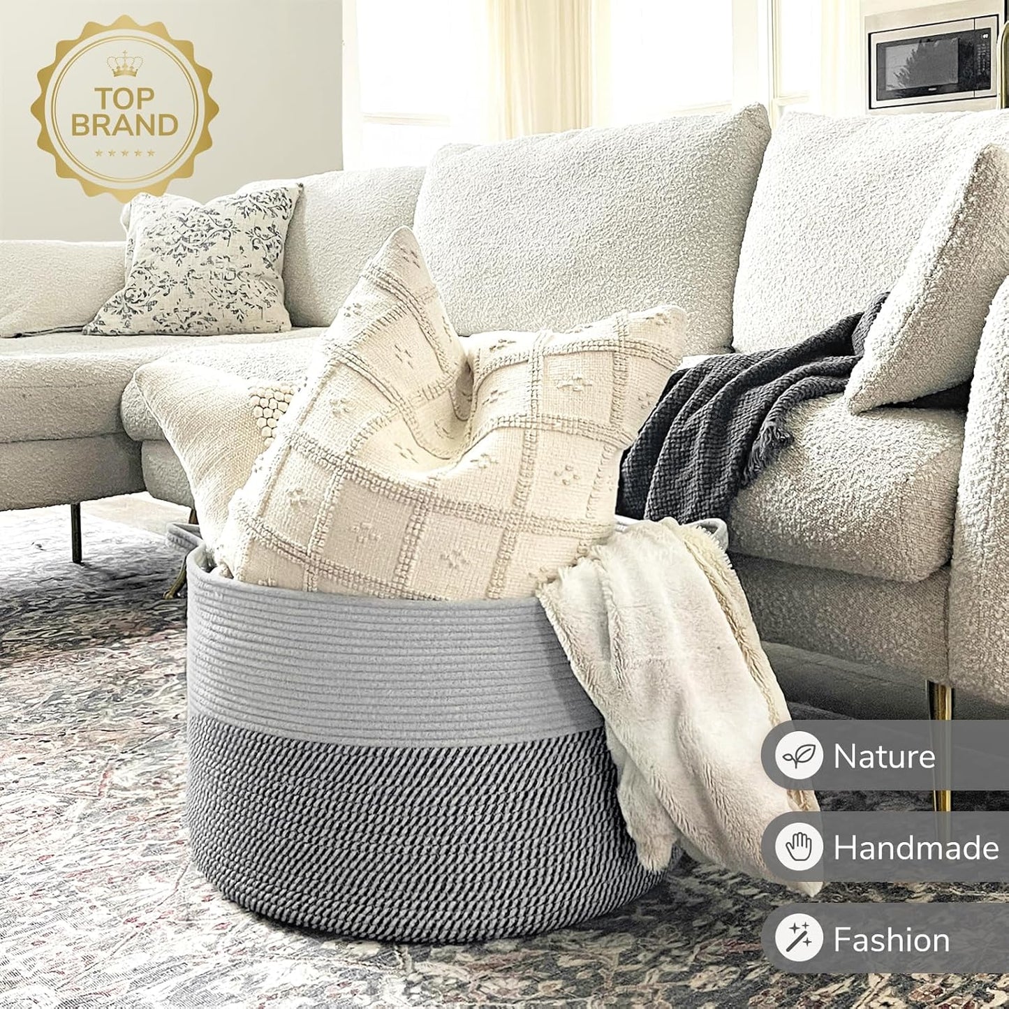 INDRESSME XXXLarge Blanket Basket for Living Room 21.7" x 21.7" x 13.8"-Storage Basket with Handle for Organizing Toy Pillows Woven Cotton Rope Laundry Basket Stuffed Animal Toy Storage for Play Room