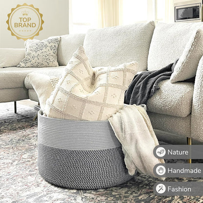 INDRESSME XXXLarge Blanket Basket for Living Room 21.7" x 21.7" x 13.8"-Storage Basket with Handle for Organizing Toy Pillows Woven Cotton Rope Laundry Basket Stuffed Animal Toy Storage for Play Room
