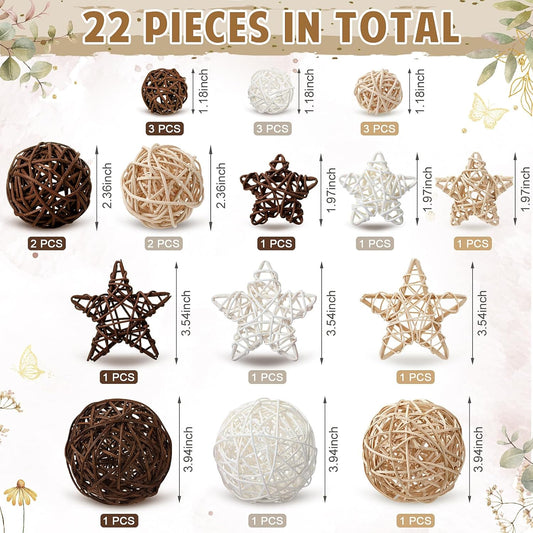 Chunful 22 Pcs Decorative Balls for Centerpiece Bowls Wicker Rattan Balls Orbs Vase Fillers for Craft, Party, Wedding Table Decoration, 5 Size, 2 Shapes(Stylish Color)