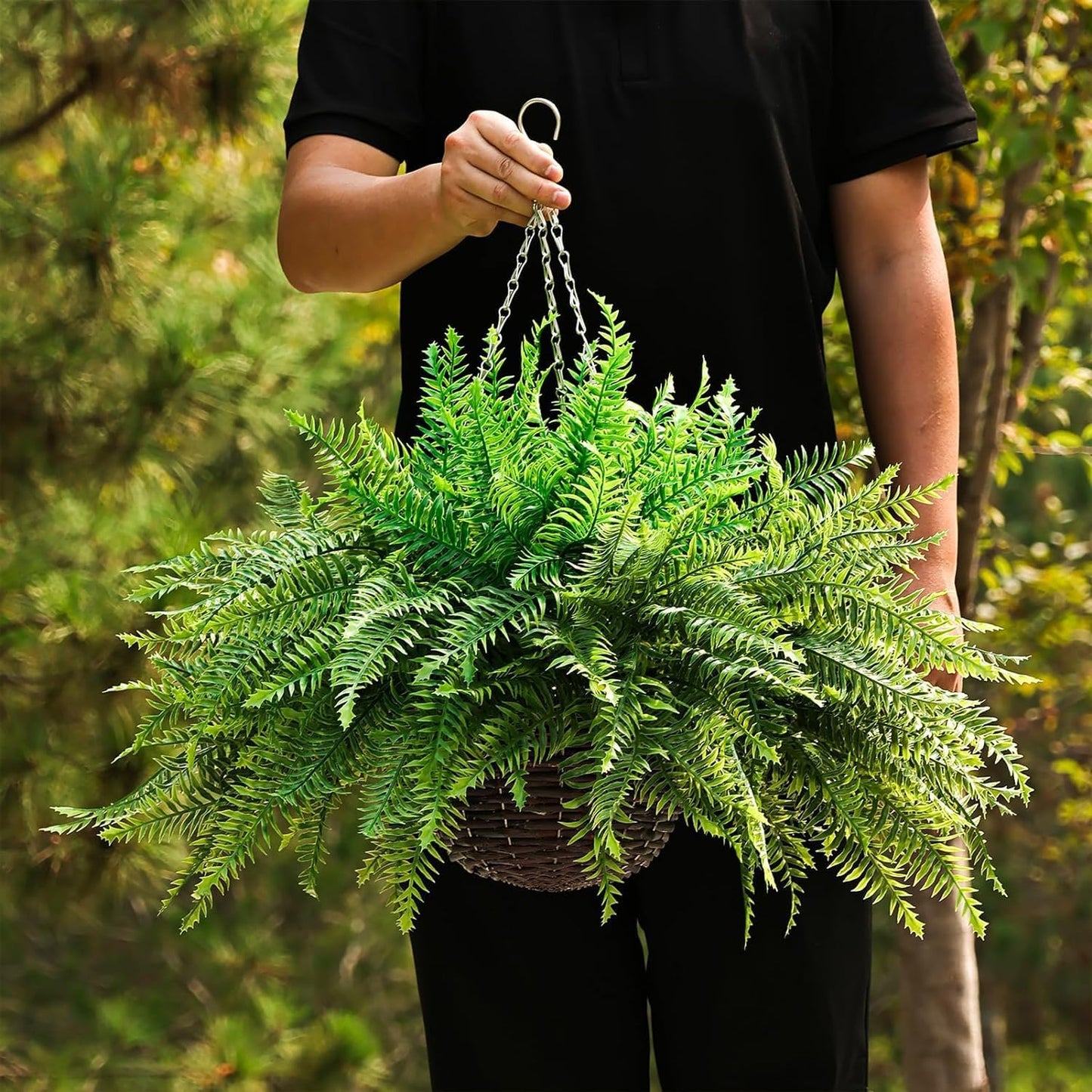 Outdoor Fake Hanging Fern – Artificial Hanging Ferns 2 Pack, Large Faux Boston Fern Bushes, UV Resistant Outdoor Hanging Plants for Front Porch, Patio & Indoor Decor