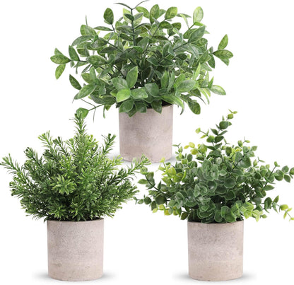 Der Rose 3 Pack Mini Potted Fake Plants Artificial Plastic Eucalyptus Plants Topiaries for Home Office Desk Farmhouse Shelf Room Bathroom Decor(Sage Green)