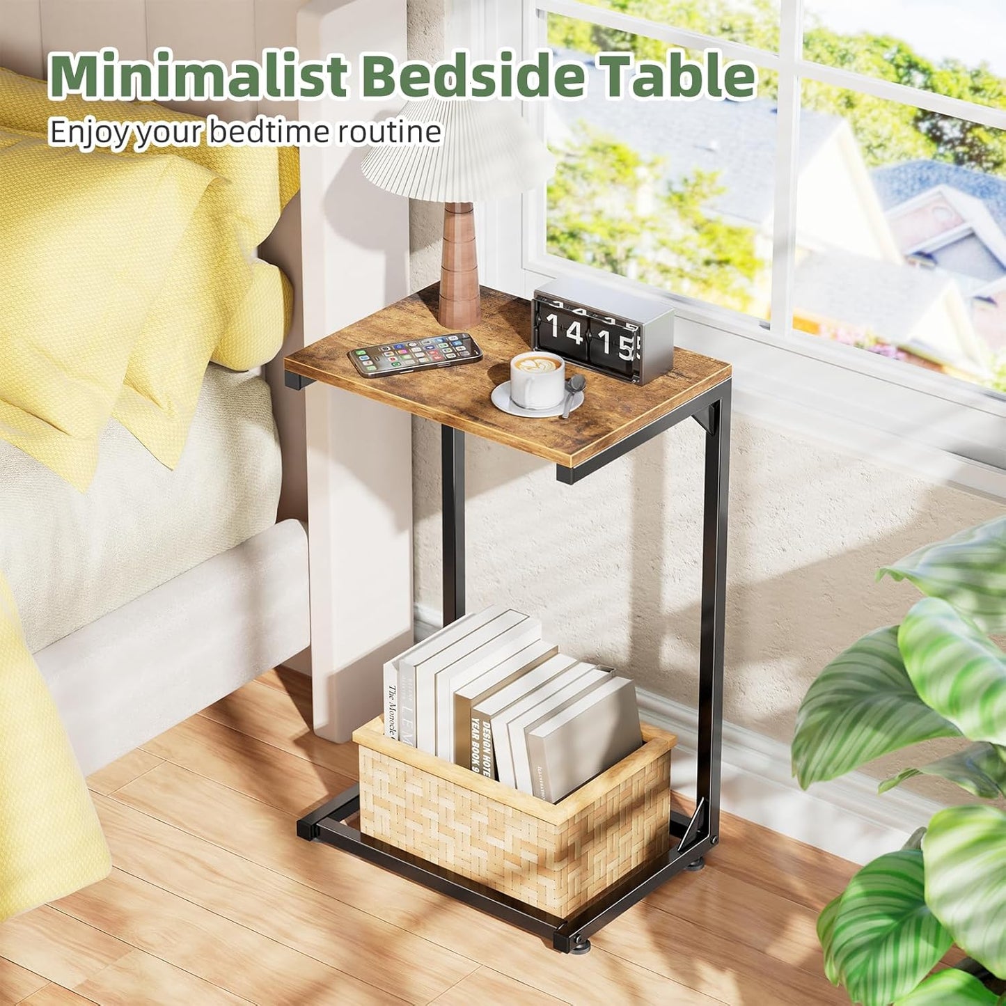 Simple Trending C Shaped End Table, TV Tray for Couch, Small Side Table with Metal Frame, for Living Room Bedroom, Rustic Brown