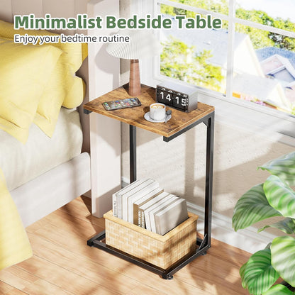 Simple Trending C Shaped End Table, TV Tray for Couch, Small Side Table with Metal Frame, for Living Room Bedroom, Rustic Brown