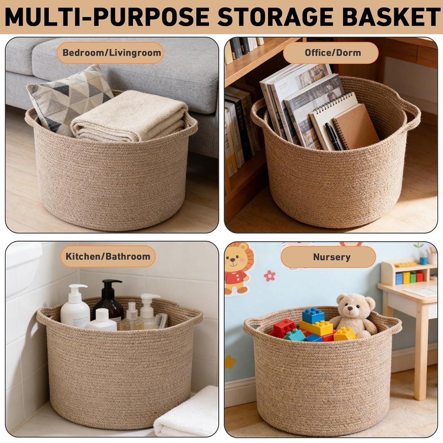 Large Woven Blanket Basket,65L Cotton Rope Laundry Basket Hamper with Handles, Decorative Nursery Basket Storage Bin for Toys, Clothes Organizer, Living Room, Bedroom, Bathroom, White & Brown