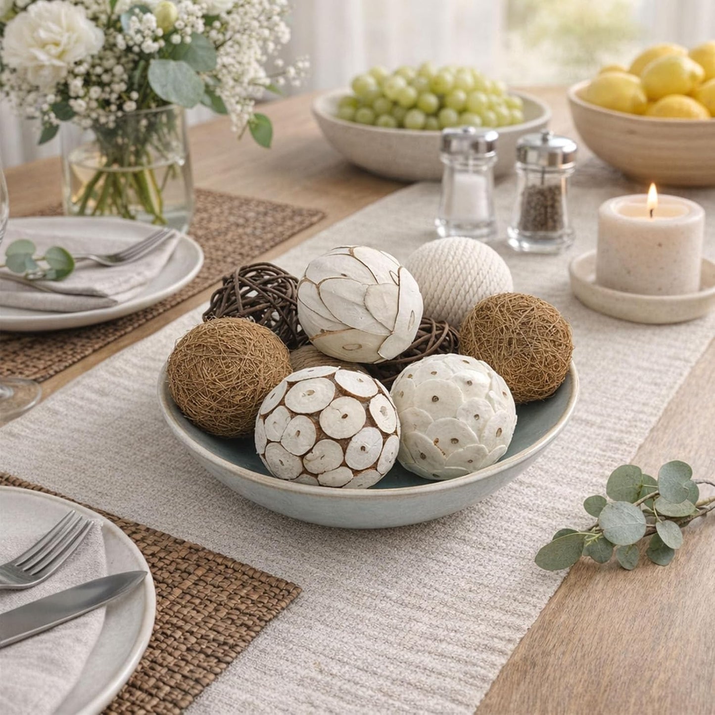 6pcs Decorative Balls for Bowl Centerpiece, 2.4 Inch Orbs Spheres Decor Balls Rattan Wicker Balls for Bowl Fillers, DIY Home Vase Table Decor