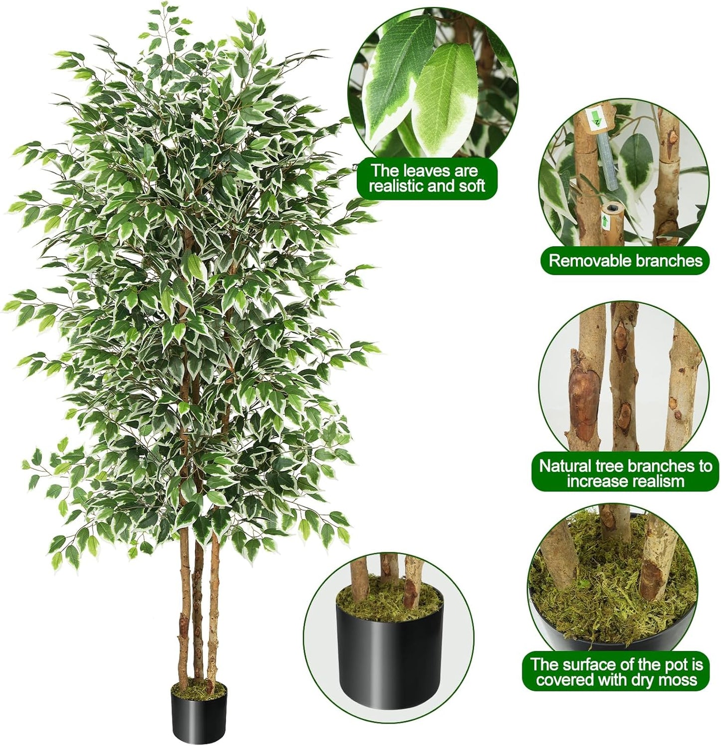 GTIDEA 6ft Artificial Tree Ficus, Tall Faux Trees Indoor with Natural Trunk and Fake Silk Tree Fake Plants for Home Spring Decor Living Room Outdoor Balcony House Office (Included Dried Moss)