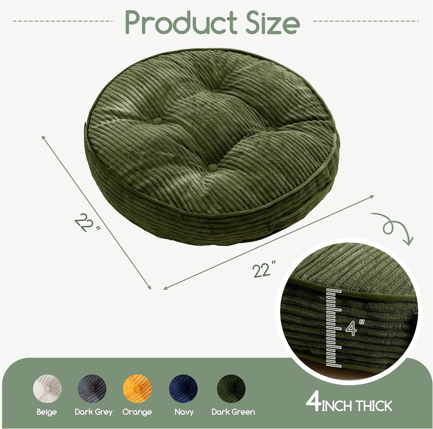 HIGOGOGO 6" Extra Thick Floor Pillow Cushion for Adults, Meditation Cushion Pillow, Large Square Floor Sitting, Tufted Corduroy Cover, for Tatami Living Room or Yoga, 22x22 Inch, 2Pack, Dark Grey