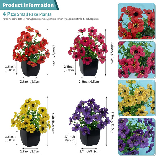 LOYWREE 4 Pack Small Artificial Mums Flowers in White Pots, Fake Mini Potted Plants, Spring Floral Decor for Home Bathroom Shelves Office Desk Table Centerpiece Indoor Decoration