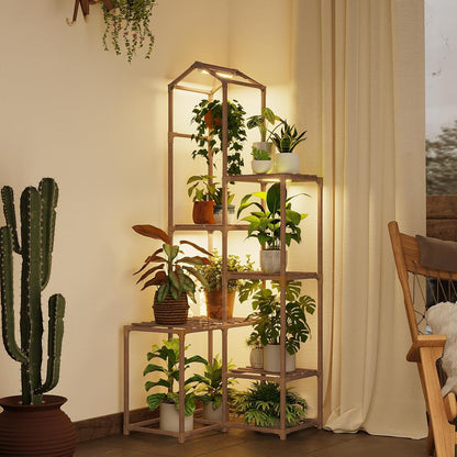 Bamworld Plant Stand Indoor with Grow Lights Wood Plant Shelf for Hanging Planter Pots Display Flower Stand for Living Room Patio Garden Decor