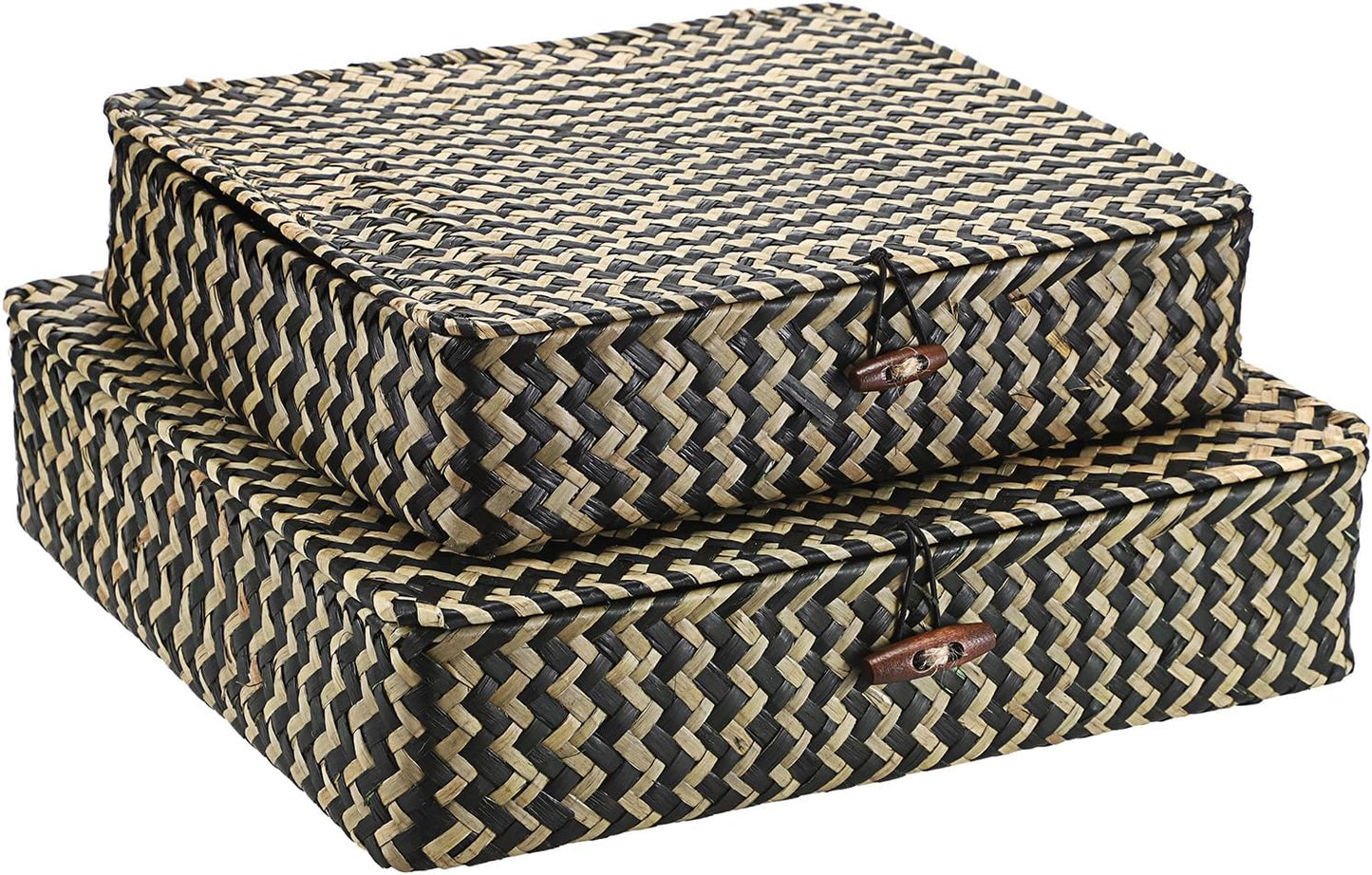 Hipiwe Set of 2 Flat Woven Wicker Storage Bins with Lid Natural Seagrass Basket Multipurpose Home Boxes for Shelf Organizer (Coffee)