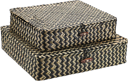 Hipiwe Set of 2 Flat Woven Wicker Storage Bins with Lid Natural Seagrass Basket Multipurpose Home Boxes for Shelf Organizer (Coffee)