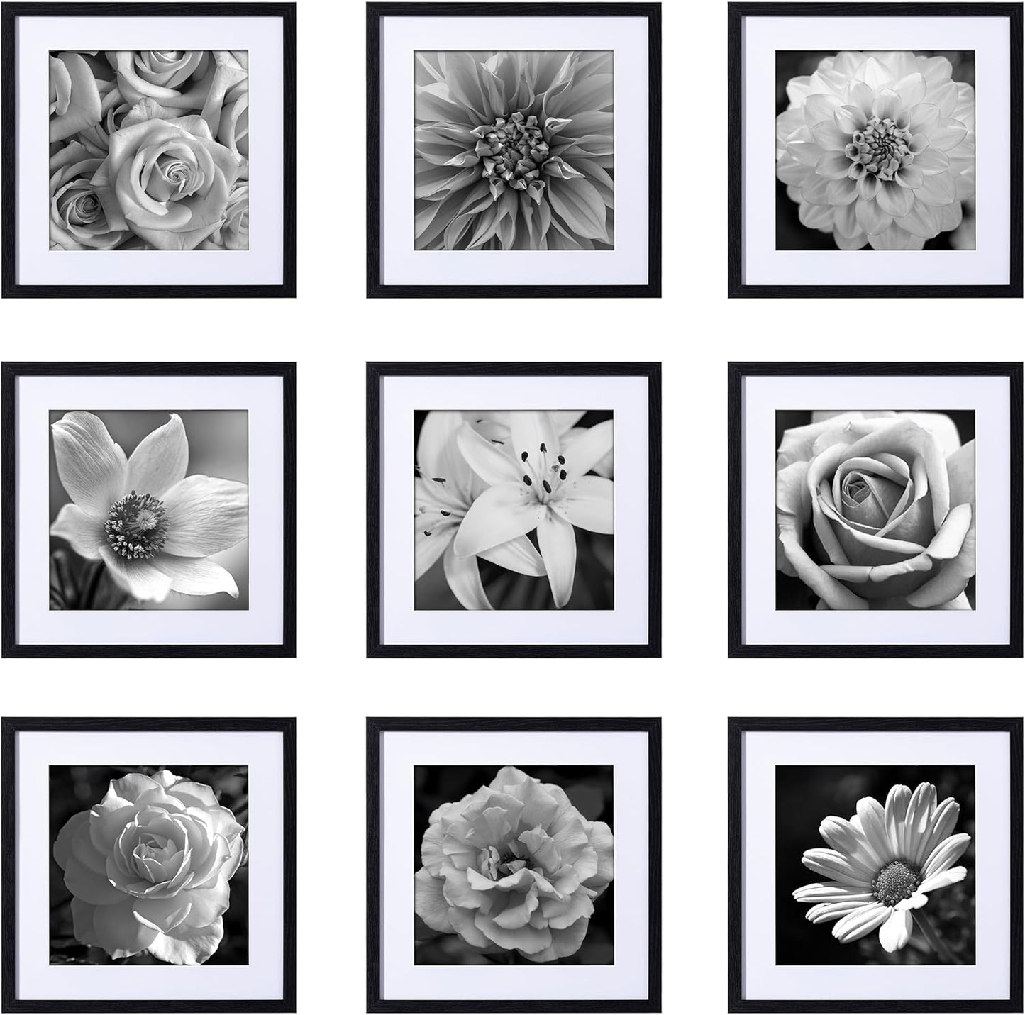eletecpro 12x12 Picture Frames Set of 9 with Clear Acrylic Cover, Display 8x8 Photos with Mat or 12x12 Without, Classic and Sturdy Square Collage Gallery Wall Decor, Easy Wall Mount, Black