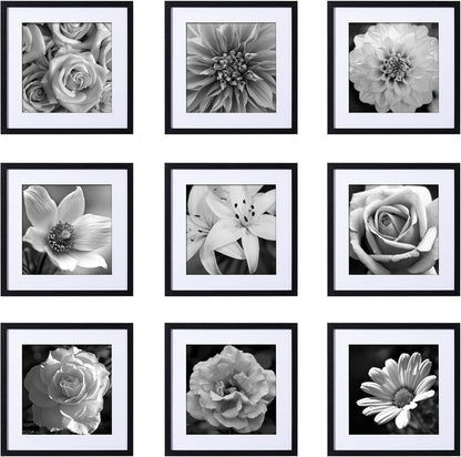 eletecpro 12x12 Picture Frames Set of 9 with Clear Acrylic Cover, Display 8x8 Photos with Mat or 12x12 Without, Classic and Sturdy Square Collage Gallery Wall Decor, Easy Wall Mount, Black