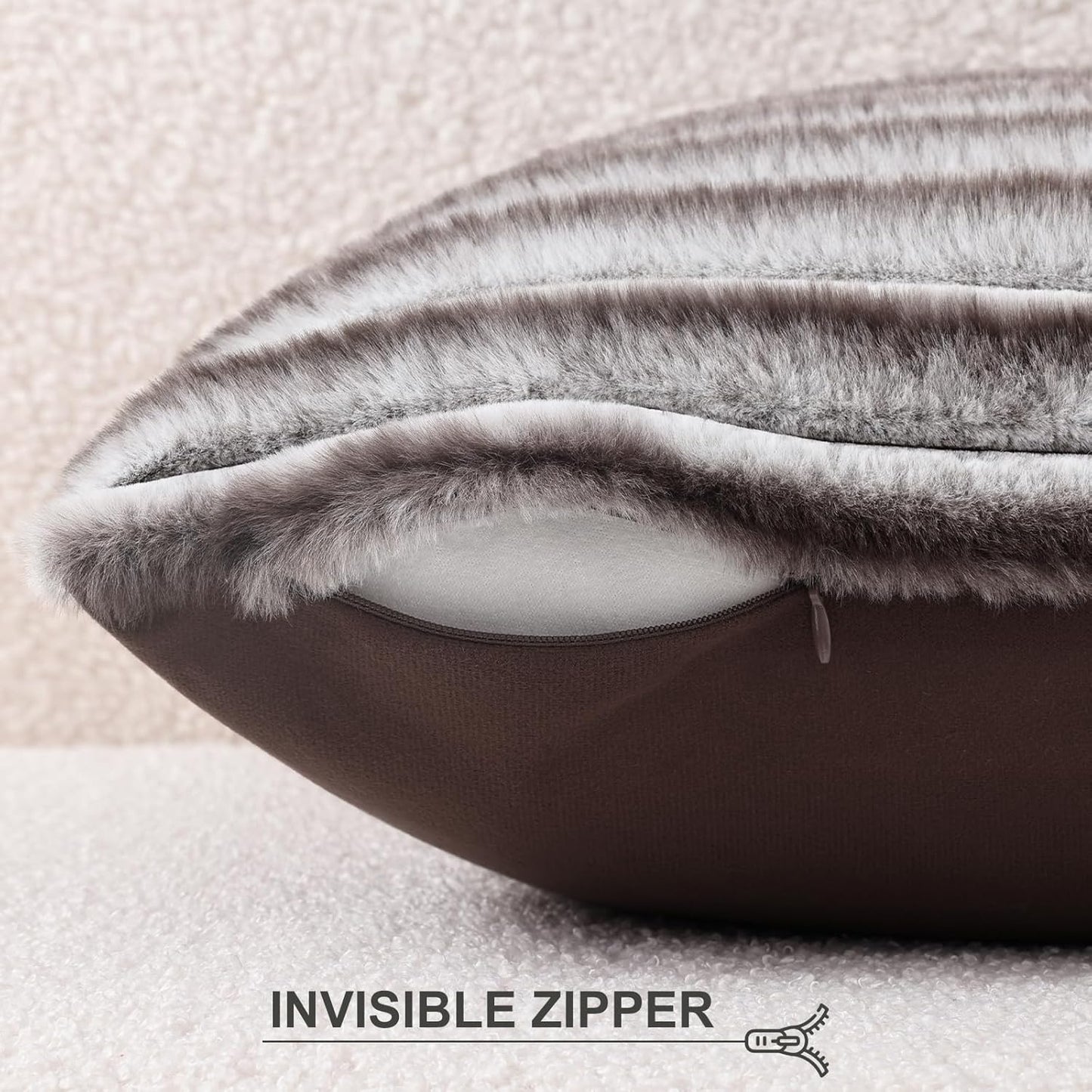 Pallene Faux Fur Plush Throw Pillow Covers 18x18 Set of 2, Luxury Soft Fluffy Striped Decorative Pillow Covers for Sofa, Couch, Living Room, Cream White