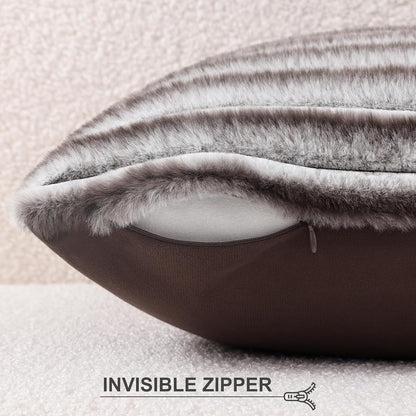 Pallene Faux Fur Plush Throw Pillow Covers 18x18 Set of 2, Luxury Soft Fluffy Striped Decorative Pillow Covers for Sofa, Couch, Living Room, Cream White