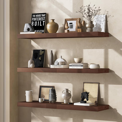 Floating Shelves 36 Inches Long - 8 Inch Deep Rustic Premium Solid Pine Wood for Storage - Farmhouse Wall Mounted for Living Room - Heavy-Duty Metal Bracket - 36" W x 8" D - Set of 2 - White Color