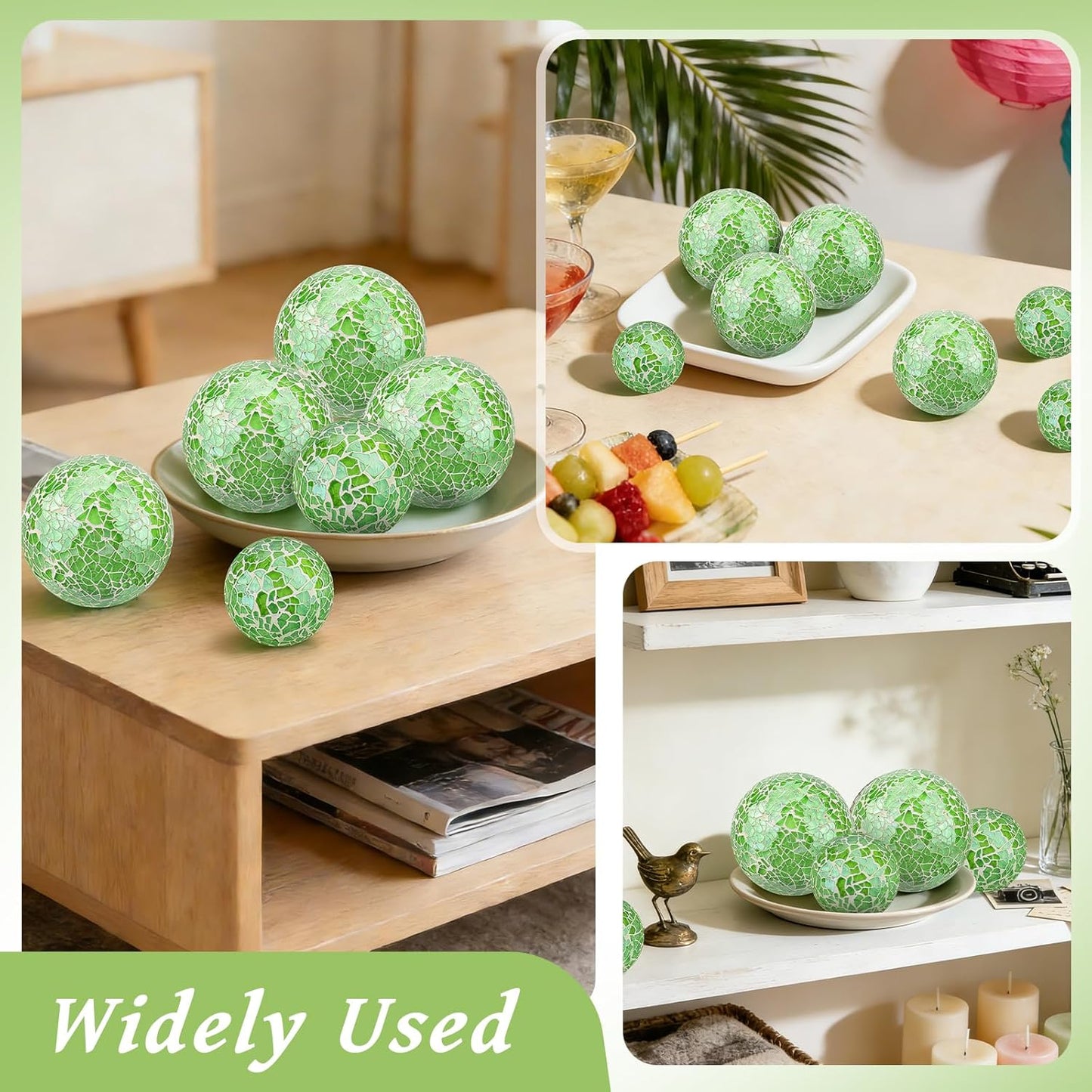 2 Pieces Decorative Glass Orbs 2.6 Inch Mosaic Crackl Solid Sphere Ball Table Centerpiece Balls Bowls Vases Christmas Decorative(Green)