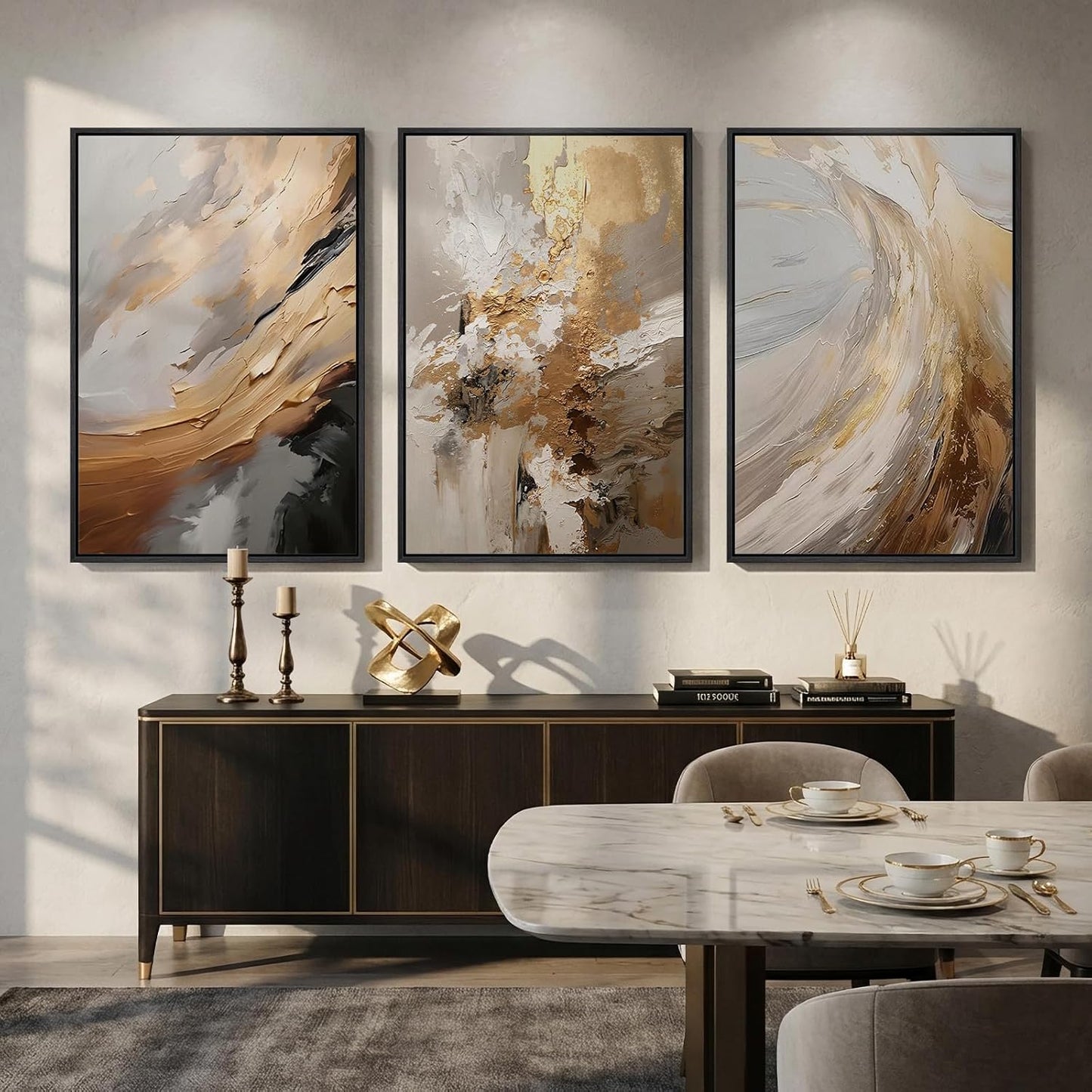Large Framed Neutral Abstract Wall Art for Living Room, 3 Piece Modern Canvas Prints Paintings Artwork for Walls, Black and Beige Pictures for Living Room Hallway Stair Office Wall Decor 24x36 Inch