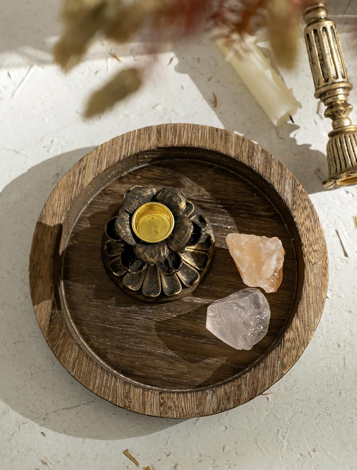 Hanobe Candle Plate Holder Tray: Round Wood Decorative Candle Plate - Rustic Farmhouse CoffeeTable Decor - Tealight Pillar Trays for Home Decor (Distressed)