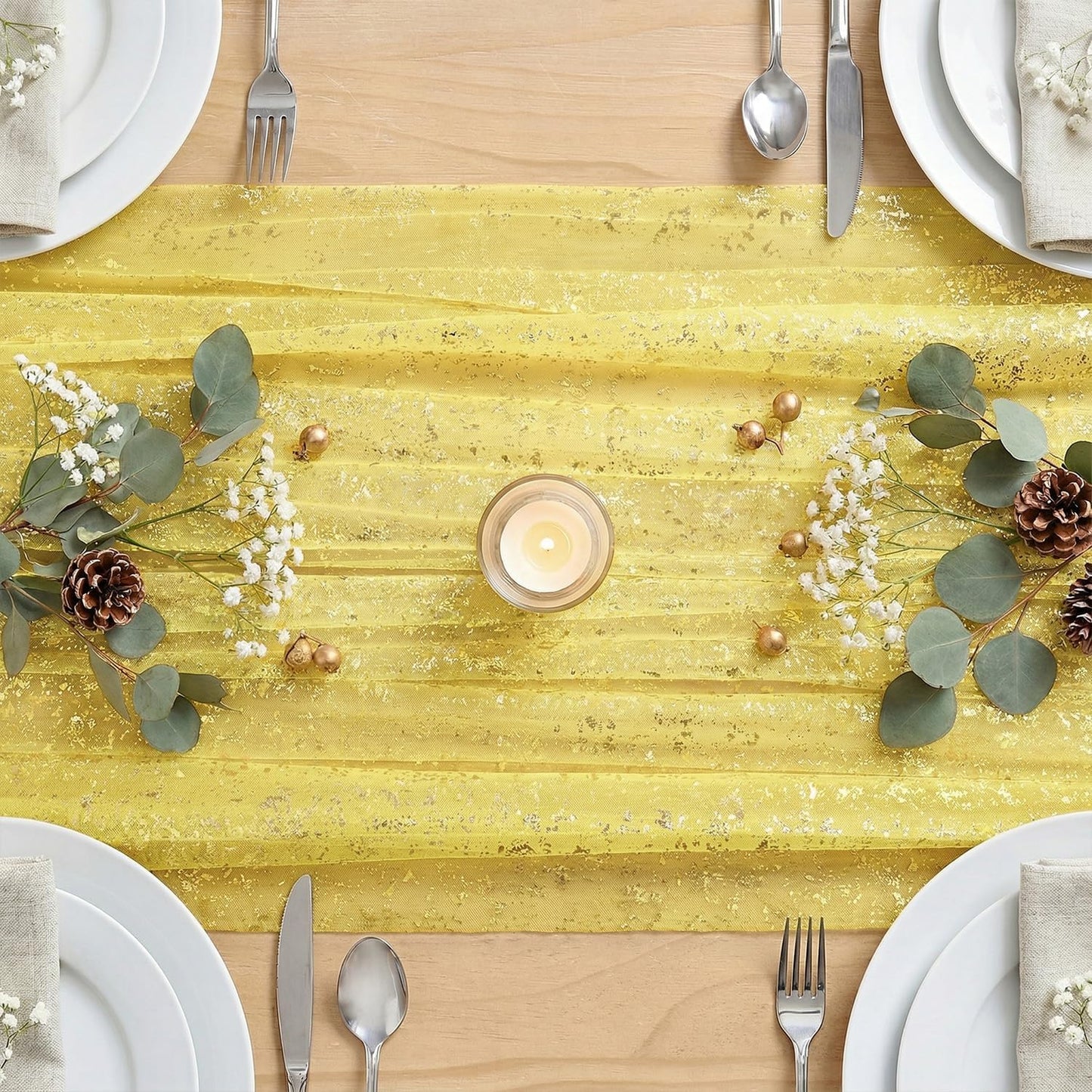 Artoid Mode Beige Gold Gauze Table Runner 120 Inch 10FT, Glitter Metallic Foil Sheer Dining Wedding Anniversary Holiday Birthday Table Decor for Home Party