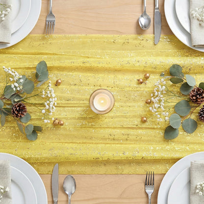 Artoid Mode Beige Gold Gauze Table Runner 120 Inch 10FT, Glitter Metallic Foil Sheer Dining Wedding Anniversary Holiday Birthday Table Decor for Home Party