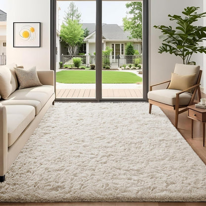 Ophanie Round Rugs 5Ft Ivory Circle Area Rug, Nursery Room Decor, Christmas Aesthetic Bedroom Home Circular Carpet 5 Foot, Fluffy Fuzzy Shag Plush Cream Living Room Rugs for Kids Boys Girls Teen Baby