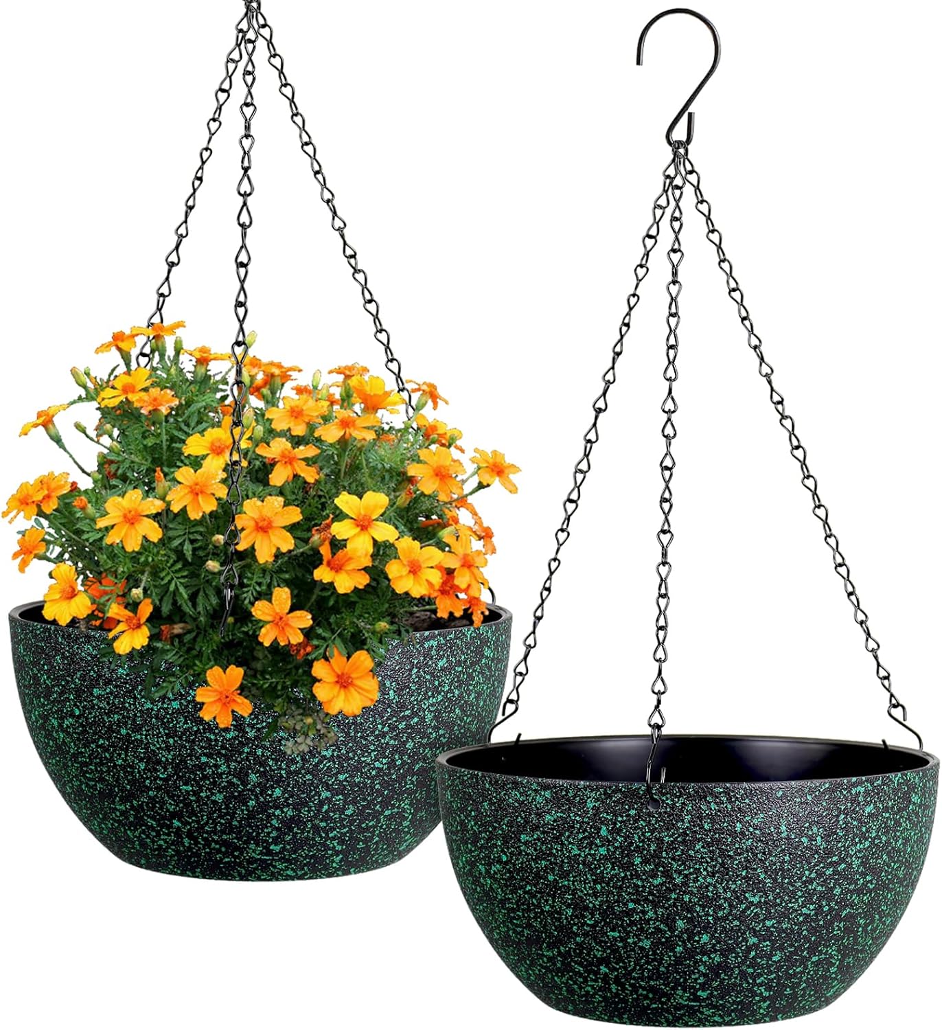 Meowell 10 inch Hanging Planters for Indoor Outdoor Plants, 2 Pack Hanging Flower Pots with Drainage Holes and Chain for Garden Porch, Plastic Hanging Baskets for House Plants, Speckled Grey