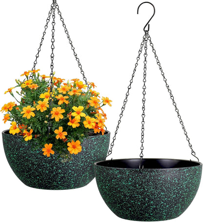 Meowell 10 inch Hanging Planters for Indoor Outdoor Plants, 2 Pack Hanging Flower Pots with Drainage Holes and Chain for Garden Porch, Plastic Hanging Baskets for House Plants, Speckled Grey