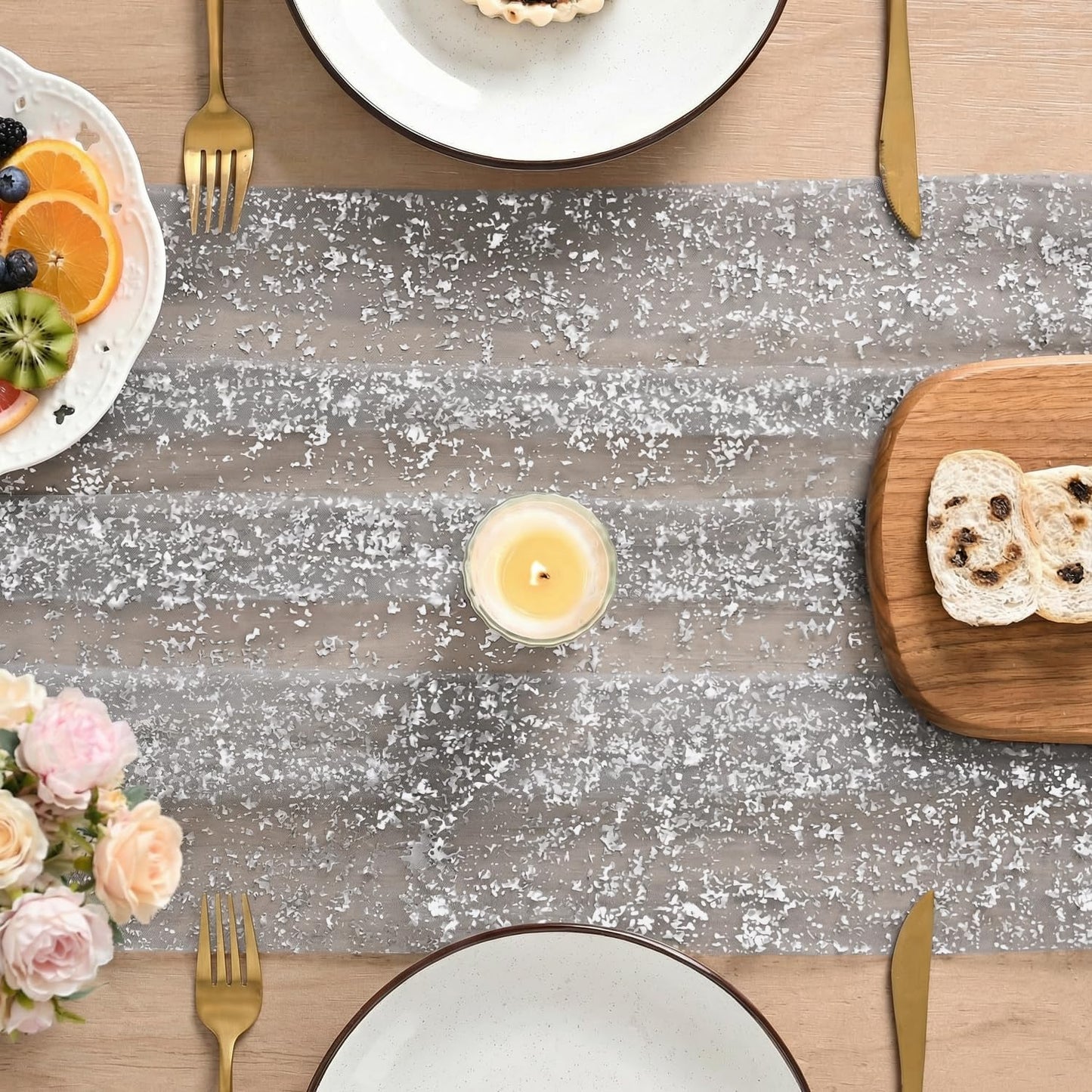 Artoid Mode Beige Gold Gauze Table Runner 120 Inch 10FT, Glitter Metallic Foil Sheer Dining Wedding Anniversary Holiday Birthday Table Decor for Home Party