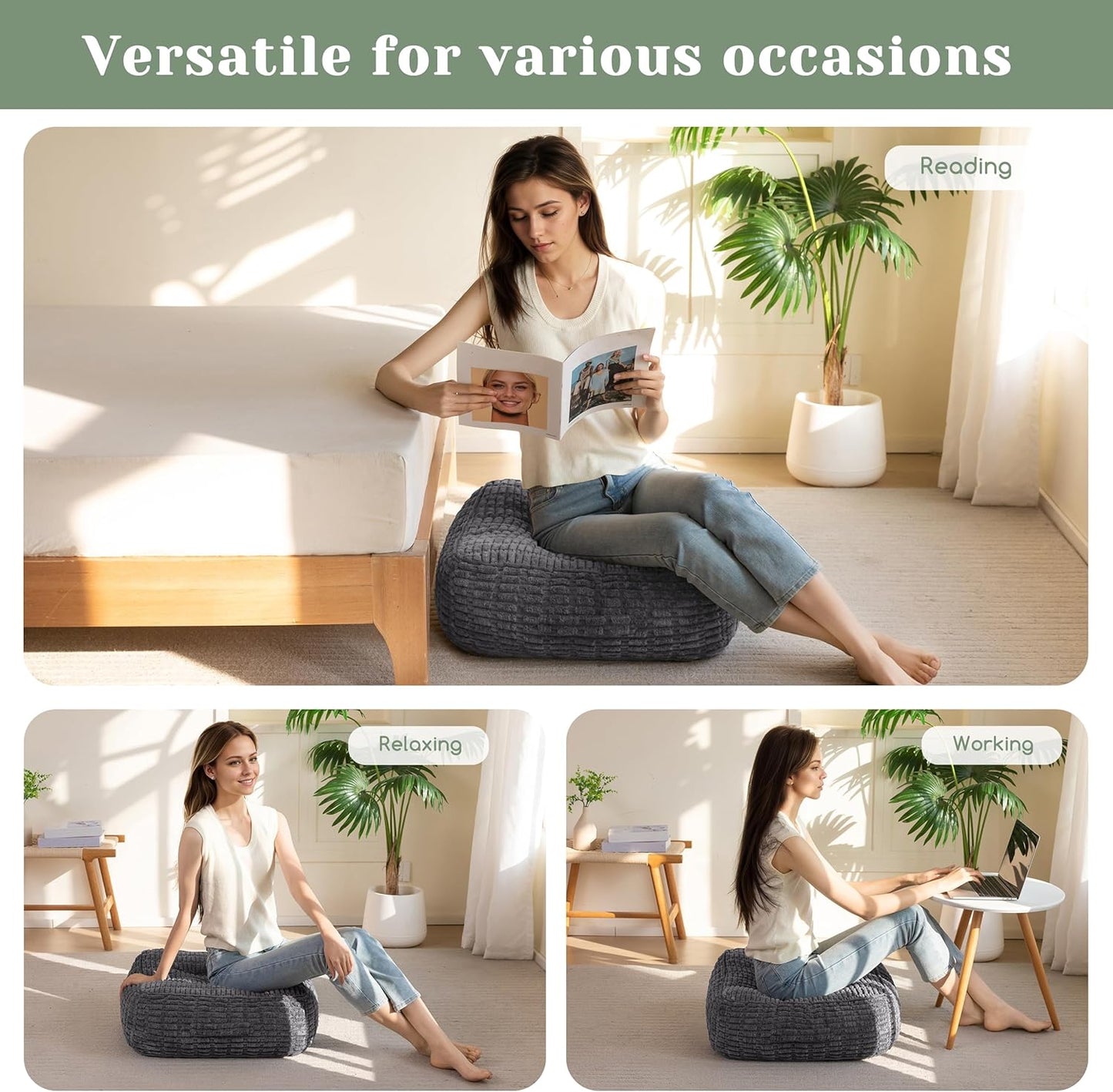 HIGOGOGO Floor Pillow Cushion for Adults, Meditation Cushion Pillow, Blended Corduroy Cover, Large Square Floor Sitting for Tatami Living Room or Yoga, 22x22 Inch, Beige