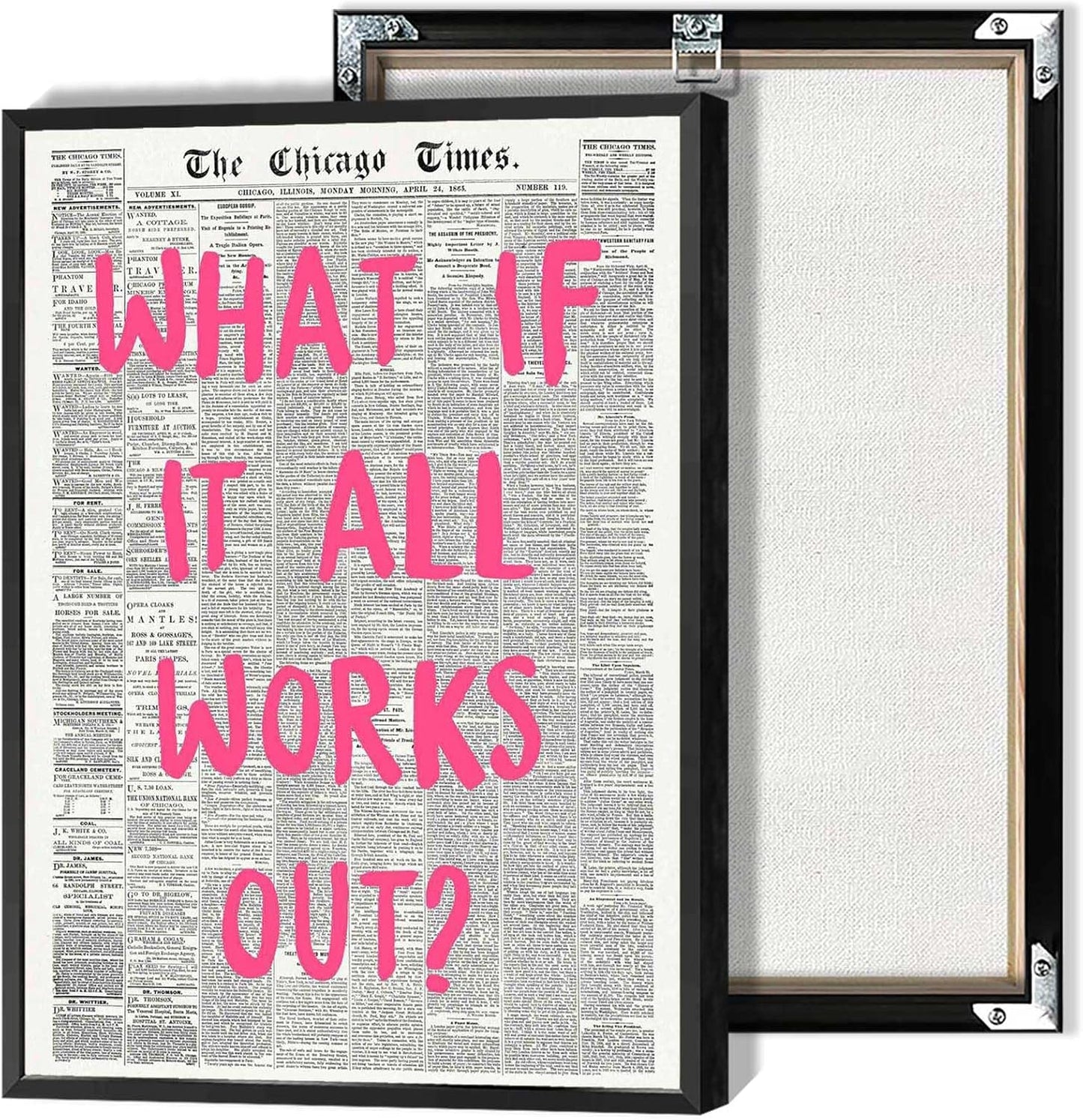 Retro Black And White Newspaper Poster What If It All Works Out Canvas Wall Art Positive Affirming Quote Minimalist Prints Painting For Home Bedroom Dorm Wall Decor 12x16in Unframed