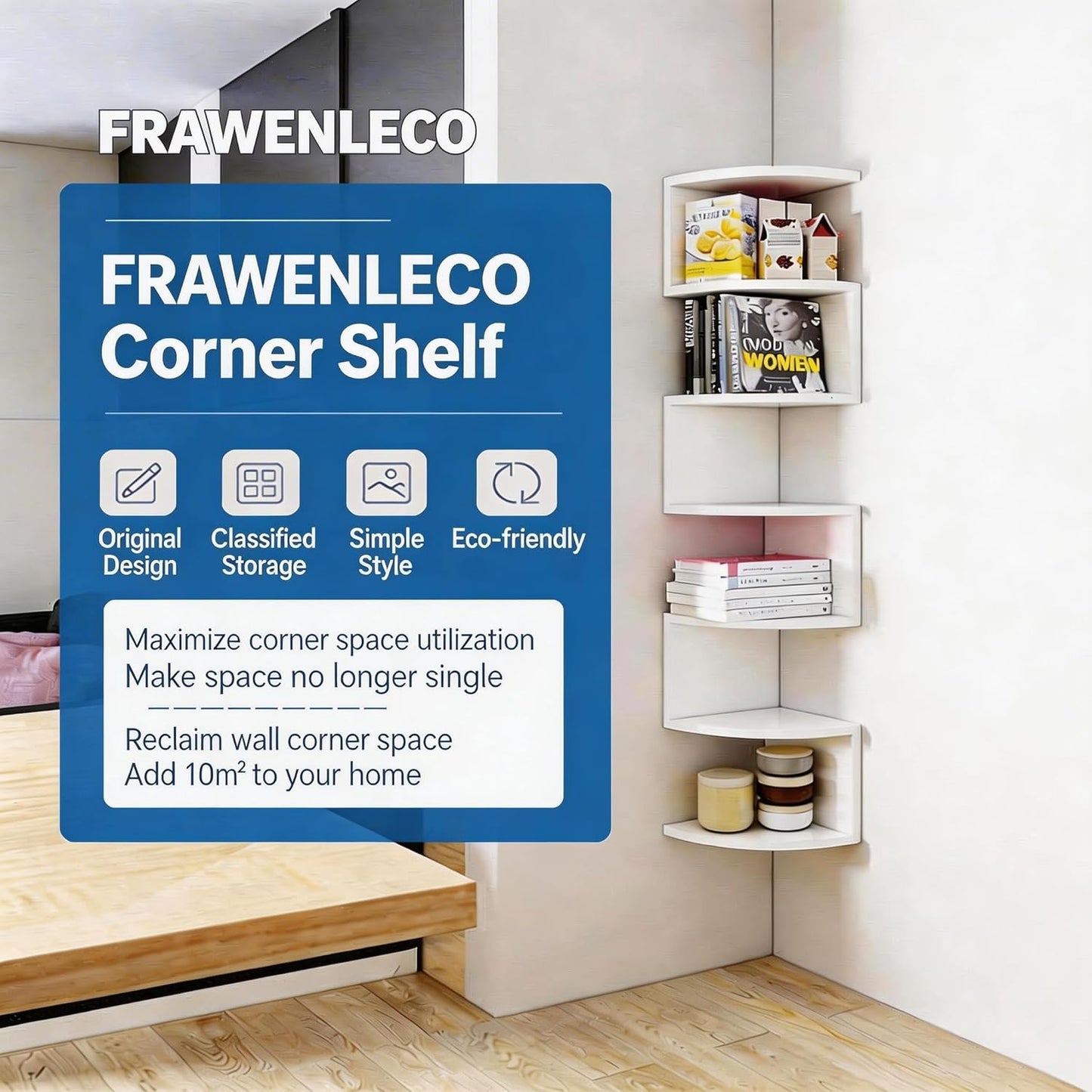 No-Drill Corner Shelf Wall Mount, 5-Tier Floating Corner Bookshelf with Hooks, Space-Saving Zigzag Plant Shelf for Bedroom, Living Room, Bathroom, Home Office