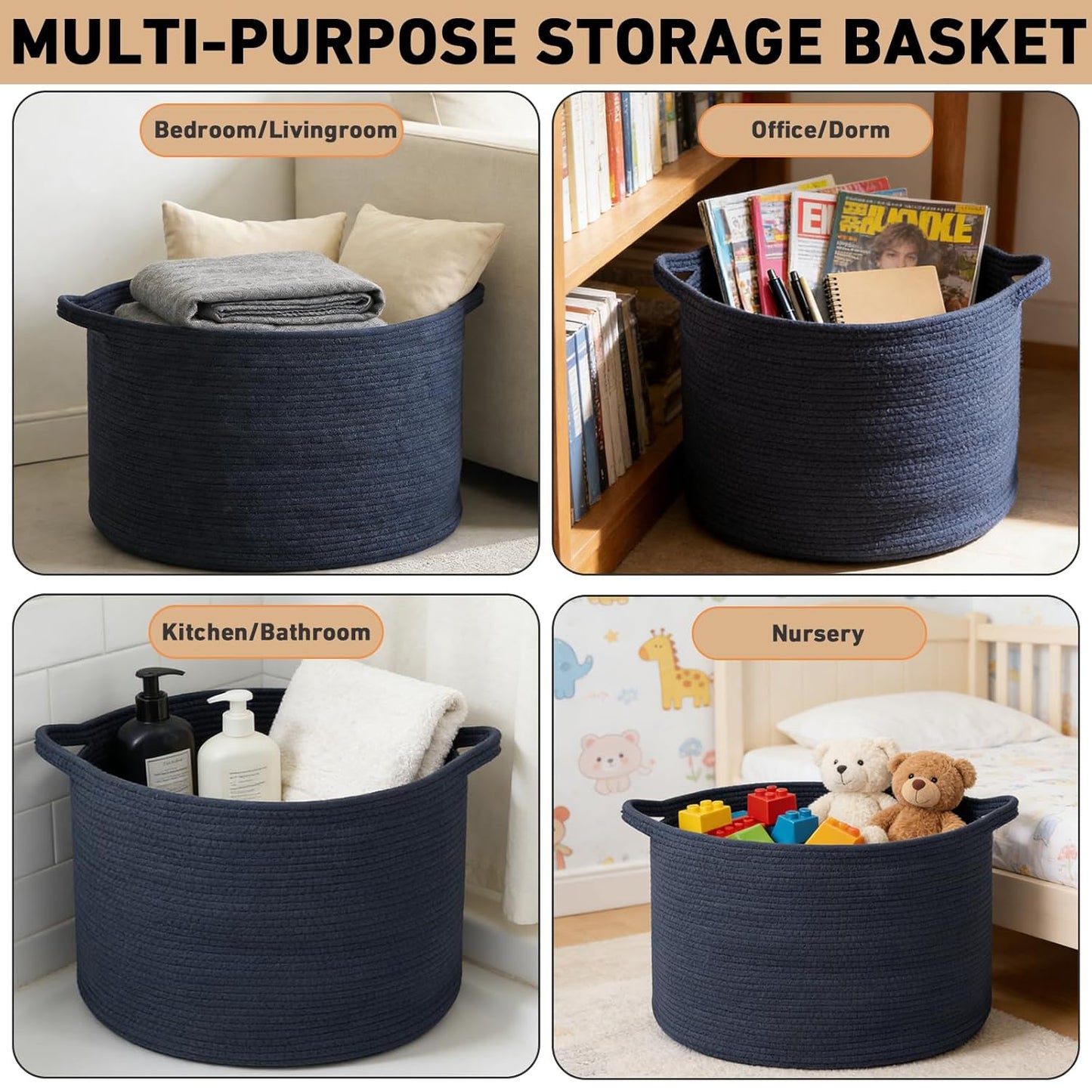 Large Woven Blanket Basket,65L Cotton Rope Laundry Basket Hamper with Handles, Decorative Nursery Basket Storage Bin for Toys, Clothes Organizer, Living Room, Bedroom, Bathroom, White & Brown