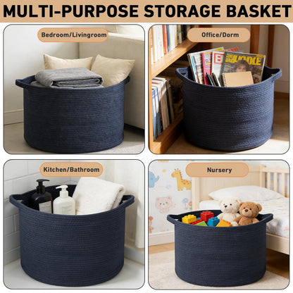 Large Woven Blanket Basket,65L Cotton Rope Laundry Basket Hamper with Handles, Decorative Nursery Basket Storage Bin for Toys, Clothes Organizer, Living Room, Bedroom, Bathroom, White & Brown