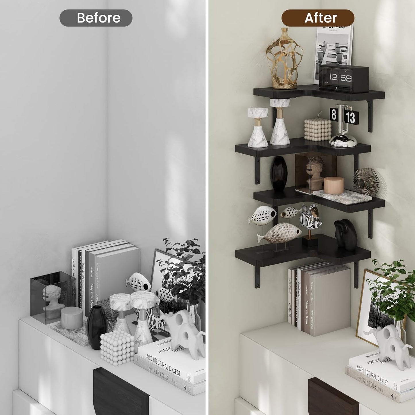 Venusmiles Corner Floating Shelves Set of 4, Wall Mounted L-Shaped Storage - Maximize Unused Corner Space in Bathroom, Kitchen, Bedroom, Office, Dark Carbonized