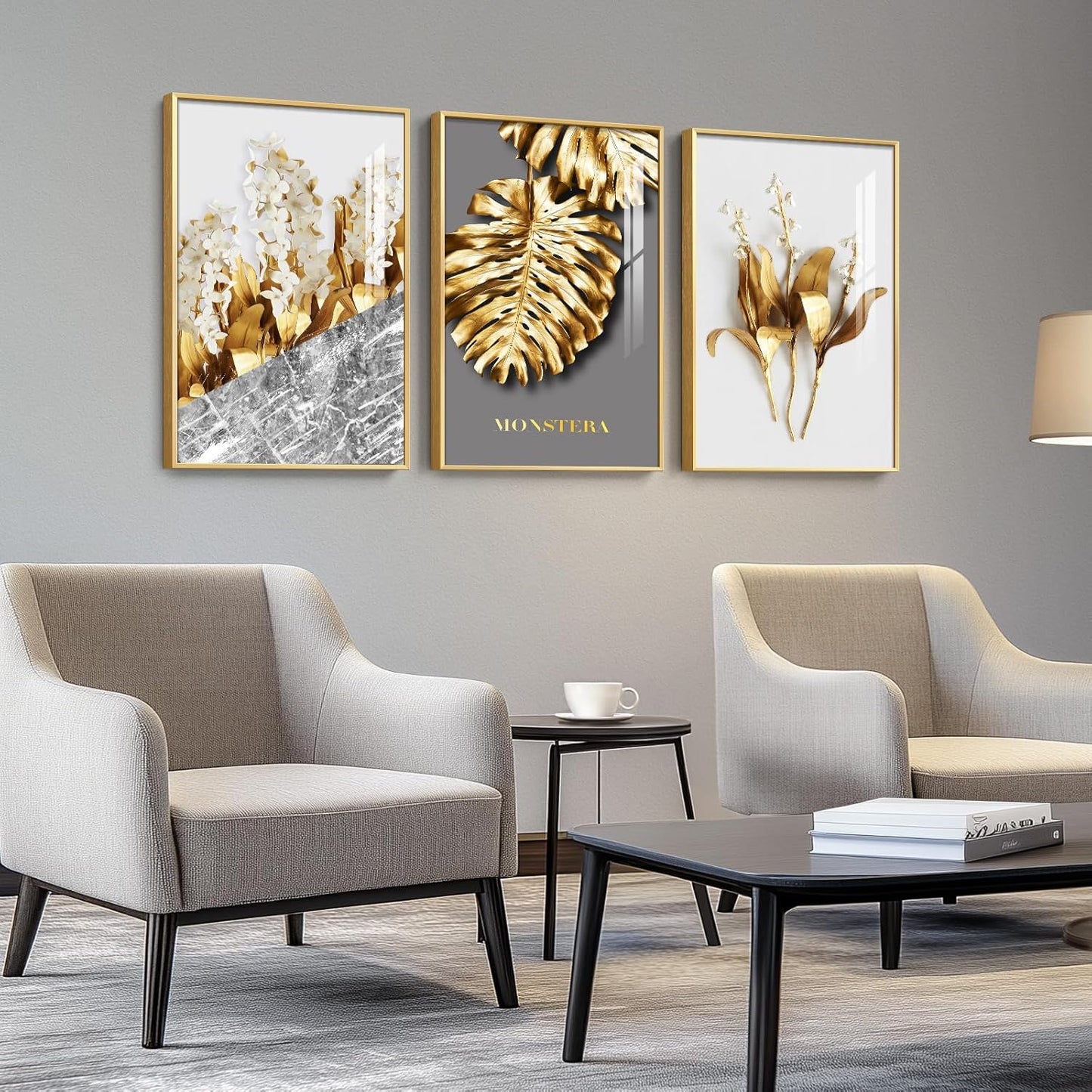 Framed Modern Luxury Gold Wall Art, Set of 3 Piece Contemporary Paintings Artwork for Walls, Golden Prints Pictures with Gold Frame, Wall Decor for Living Room, Hallway, Bedroom, Office 16x24 Inch
