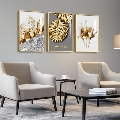 Framed Modern Luxury Gold Wall Art, Set of 3 Piece Contemporary Paintings Artwork for Walls, Golden Prints Pictures with Gold Frame, Wall Decor for Living Room, Hallway, Bedroom, Office 16x24 Inch
