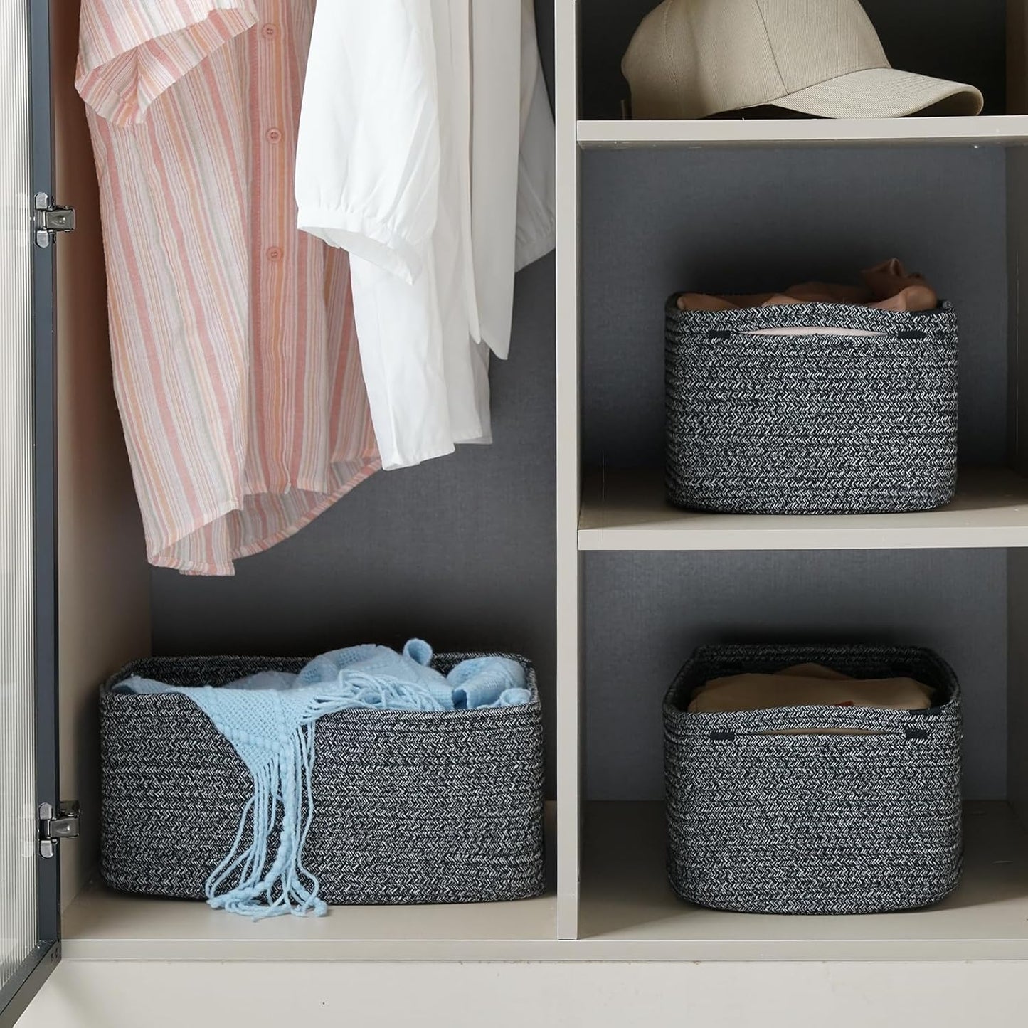 3-Pack Small Storage Baskets for Organizing | Woven Shelf Toy Basket | Rope Baskets for Gifts Empty | Closet Organizer Bins with Handles | Cube Decorative Box | 11.8×7.8×5.1” | Mixed brown