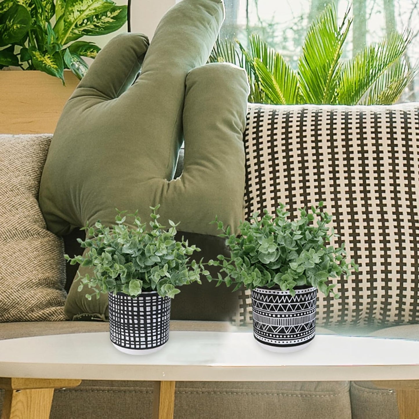 Winlyn Set of 2 Small Artificial Potted Plants Faux Eucalyptus Plant in White Geometric Ceramic Pots Small Desk Potted Plants 7.1" Tall for Home Office Room Decorations Wedding Greenery Centerpiece