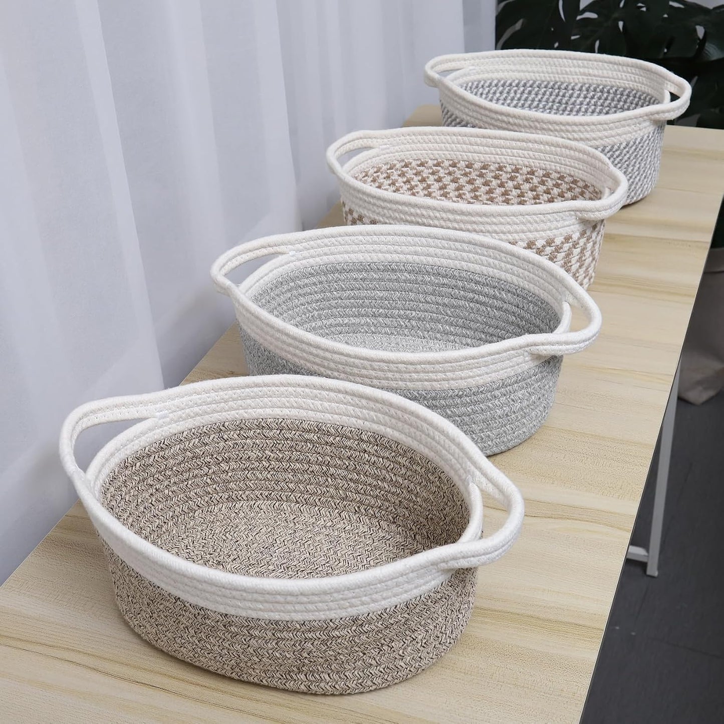 ABenkle Small Basket with Handles, Boho Decorative Rope Woven Dog Cat Toy Storage Bin Shelf Storage Organizer, Easter Christmas Gift Basket, 12"x8"x5", White