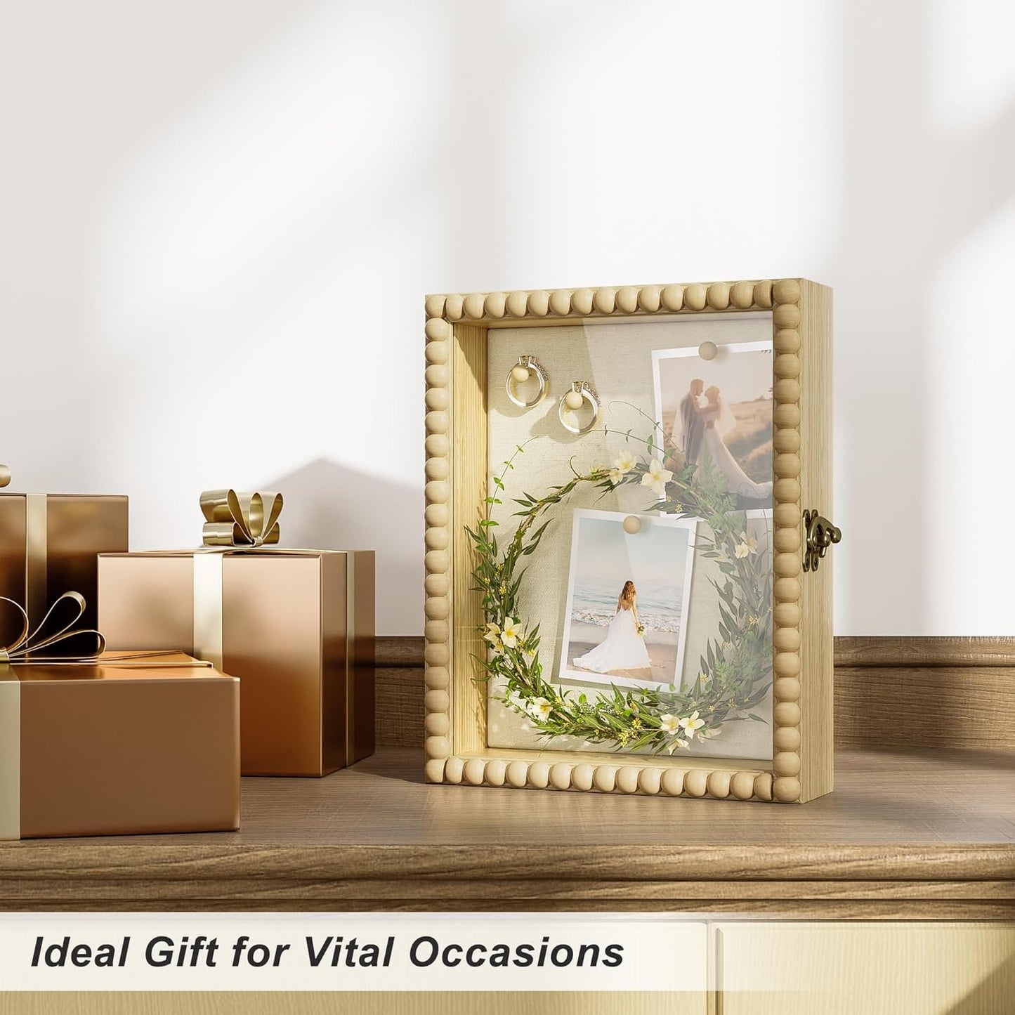 Love-KANKEI Shadow Box Frame 11x14, Deep Large Shadow Box Display Case with Unique Beads Door and Glass Window, Wood Memory Box for Pictures,Medals,Memorabilia,Collections White