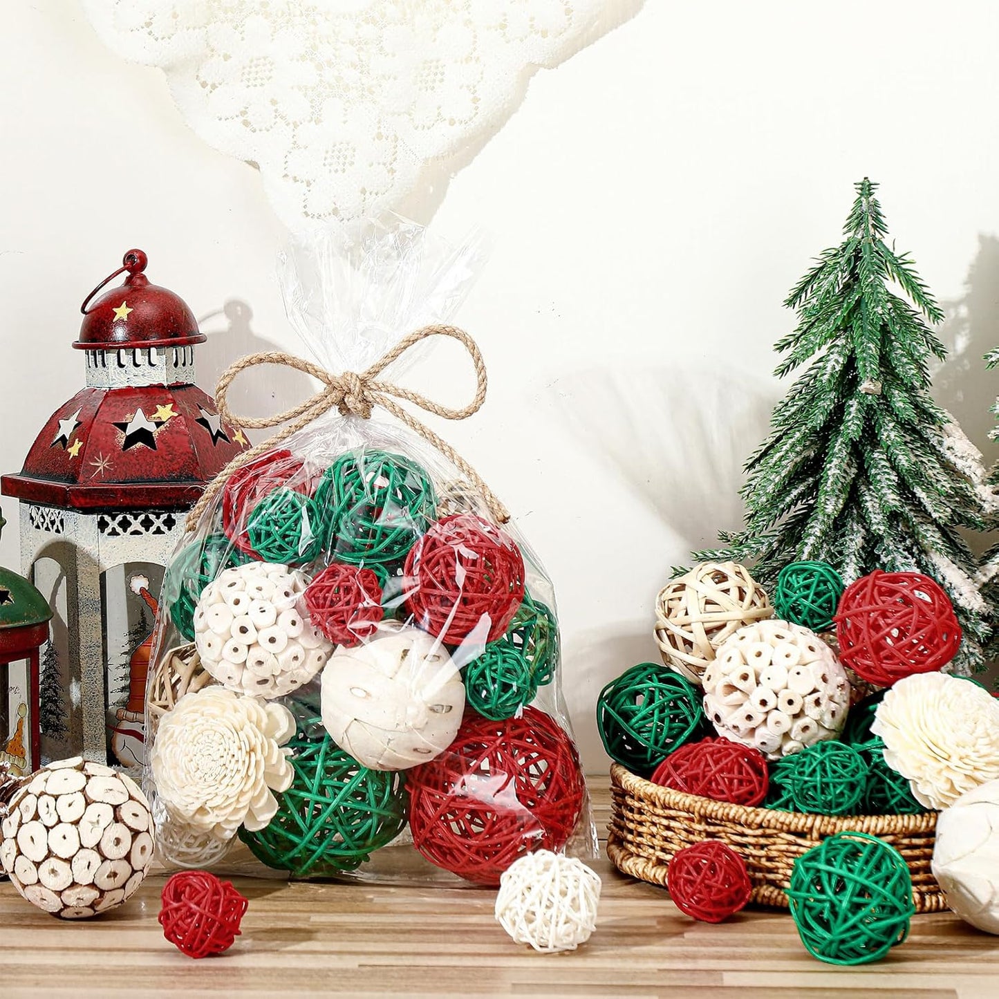 Riceshoot 2 Pack Decorative Balls Potpourri Bowl Filler Decor Natural Vase Bowl Filler Assorted Spherical Rattan Twigs Wicker Balls Cotton for Home Centerpiece(White)